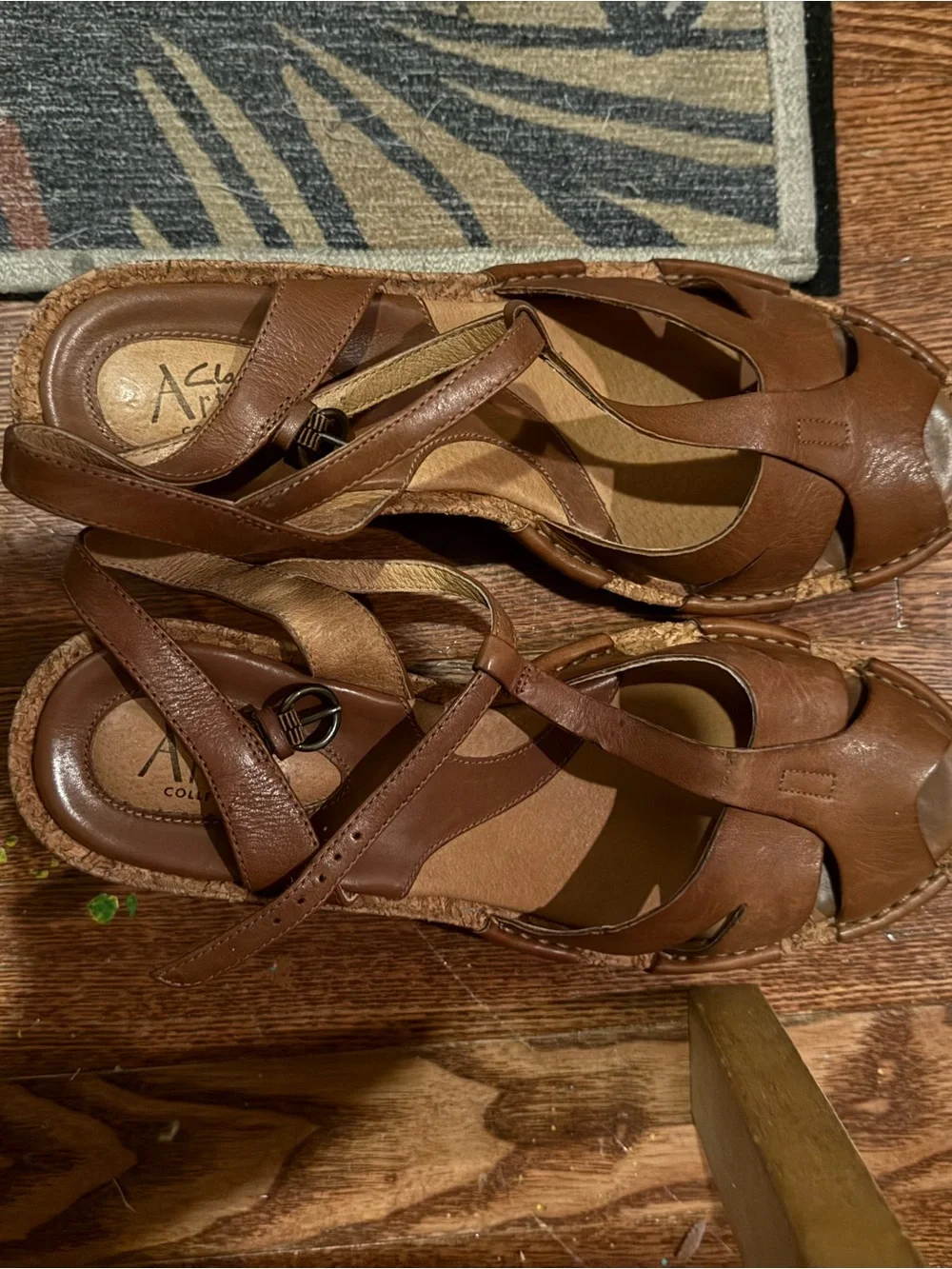 Clarks Tan Leather Cork Wedge Sandals
